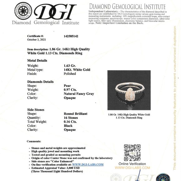 Pear Shape Diamond Engagement Ring 1.13 TCW 14K White Gold Fancy Gray Color - Picture 4 of 6